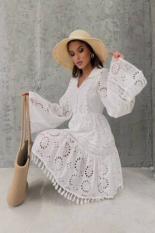 Fistolu Püsküllü Yazlık Kadın Beyaz Mini Elbise - %100 Pamuk | Ispanyol Kol 6007