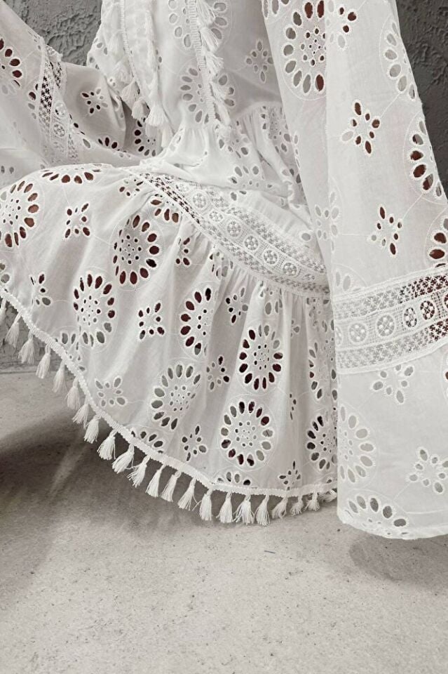 Fistolu Püsküllü Yazlık Kadın Beyaz Mini Elbise - %100 Pamuk | Ispanyol Kol 6007