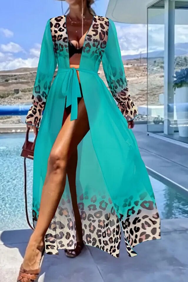 Kadın Turkuaz Şifon Uzun Plaj Kimono – Kuşaklı, Hafif Pareo Elbise, Önü Açık