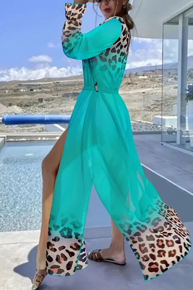 Kadın Turkuaz Şifon Uzun Plaj Kimono – Kuşaklı, Hafif Pareo Elbise, Önü Açık