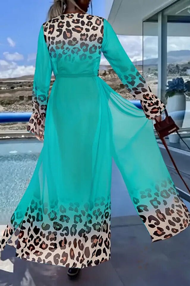 Kadın Turkuaz Şifon Uzun Plaj Kimono – Kuşaklı, Hafif Pareo Elbise, Önü Açık