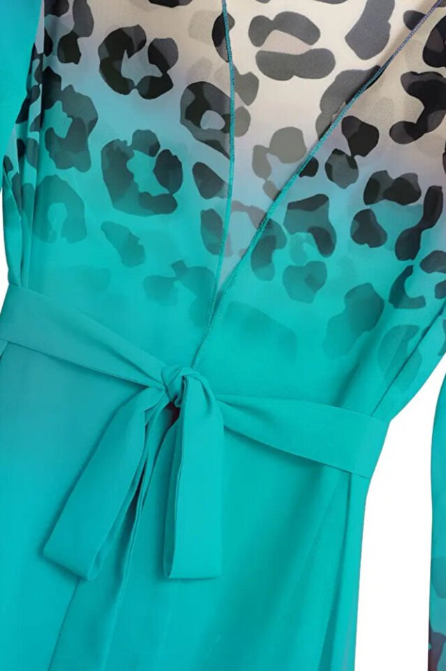 Kadın Turkuaz Şifon Uzun Plaj Kimono – Kuşaklı, Hafif Pareo Elbise, Önü Açık