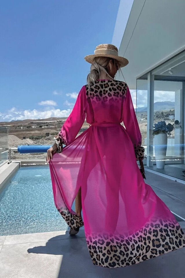 Kadın Fuşya Şifon Uzun Plaj Kimono – Önü Açık, Kuşaklı, Hafif Pareo Elbise Yazlık