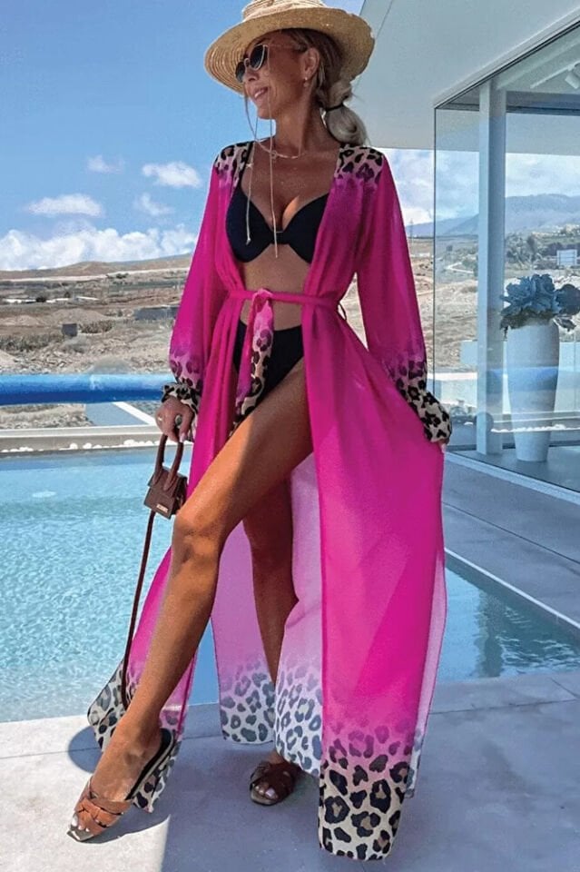Kadın Fuşya Şifon Uzun Plaj Kimono – Önü Açık, Kuşaklı, Hafif Pareo Elbise Yazlık