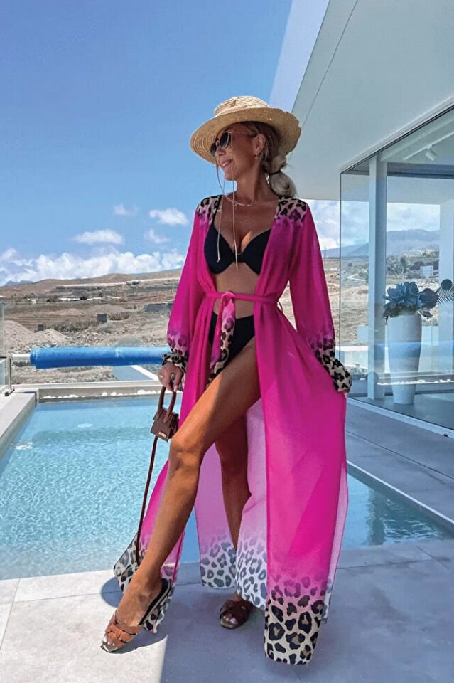 Kadın Fuşya Şifon Uzun Plaj Kimono – Önü Açık, Kuşaklı, Hafif Pareo Elbise Yazlık