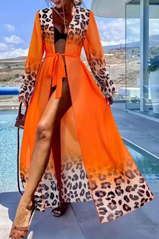 Kadın Turuncu Şifon Uzun Plaj Kimono – Kuşaklı, Hafif Pareo Elbise, Önü Açık