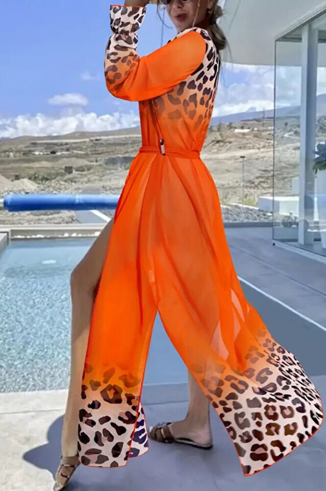 Kadın Turuncu Şifon Uzun Plaj Kimono – Kuşaklı, Hafif Pareo Elbise, Önü Açık