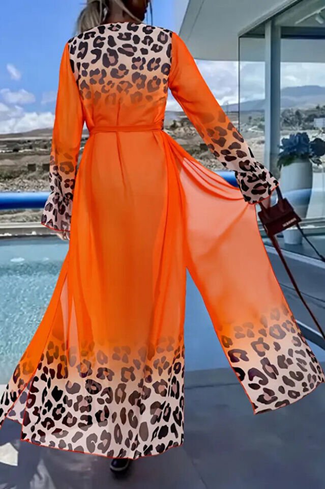 Kadın Turuncu Şifon Uzun Plaj Kimono – Kuşaklı, Hafif Pareo Elbise, Önü Açık