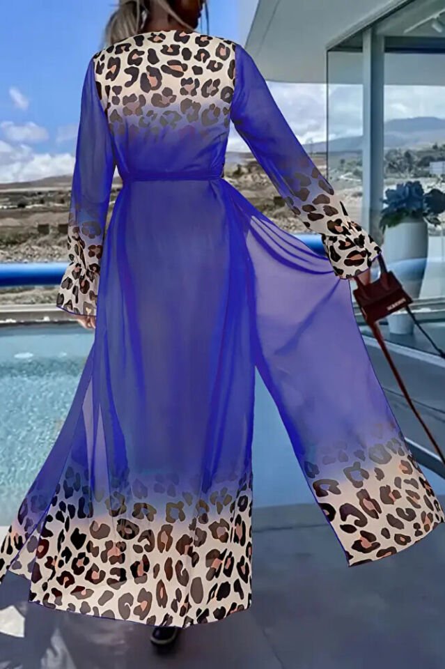 Kadın Saks Mavi Şifon Uzun Plaj Kimono – Kuşaklı, Hafif Pareo Elbise, Önü Açık