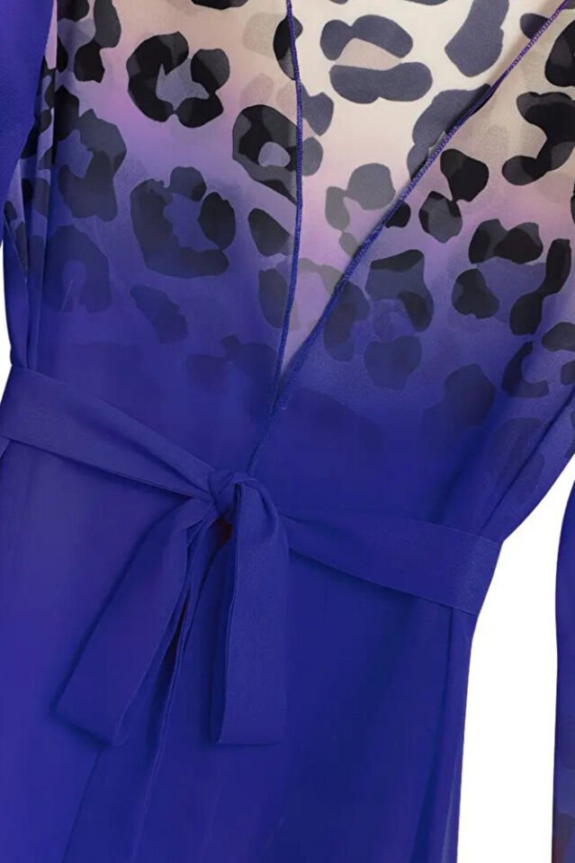 Kadın Saks Mavi Şifon Uzun Plaj Kimono – Kuşaklı, Hafif Pareo Elbise, Önü Açık