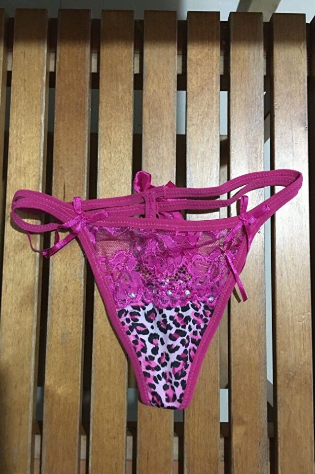 Leopar Desenli Taşlı Fiyonklu Çift Lastikli String Tanga Fantazi Külot XS-S-M