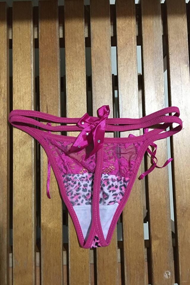 Leopar Desenli Taşlı Fiyonklu Çift Lastikli String Tanga Fantazi Külot XS-S-M