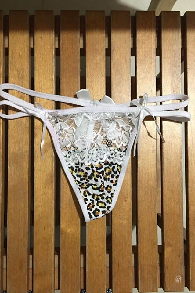 Leopar Desenli Taşlı Fiyonklu Çift Lastikli String Tanga Fantazi Külot XS-S-M