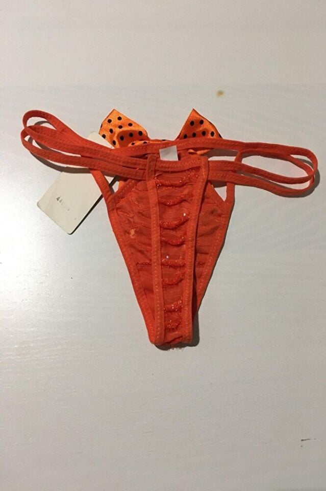 Fiyonklu Dekolteli Çift Lastikli String Tanga Turuncu Fantazi Külot S-m-l Standart
