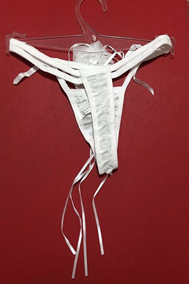 Güllü Dekolteli Çift Lastikli Beyaz String Tanga Külot S-m-l Standart