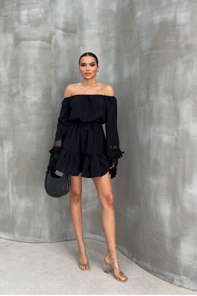 Kadın Siyah Madonna Yaka Mini Yazlık Elbise – Bohem Stil, Püsküllü, Kuşaklı 6003