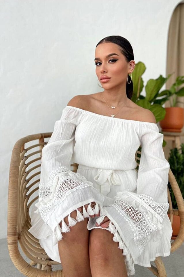 Kadın Ekru Madonna Yaka Püsküllü Kuşaklı Mini Elbise – Bohem Ispanyol