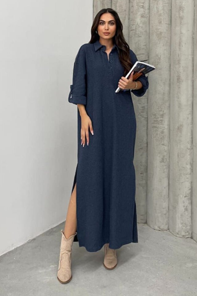 Geniş Kalıp Yırtmaçlı Gömlek Yaka Düğmeli Katlanır Uzun Kollu %100 Pamuk Triko Koton Elbise Lacivert