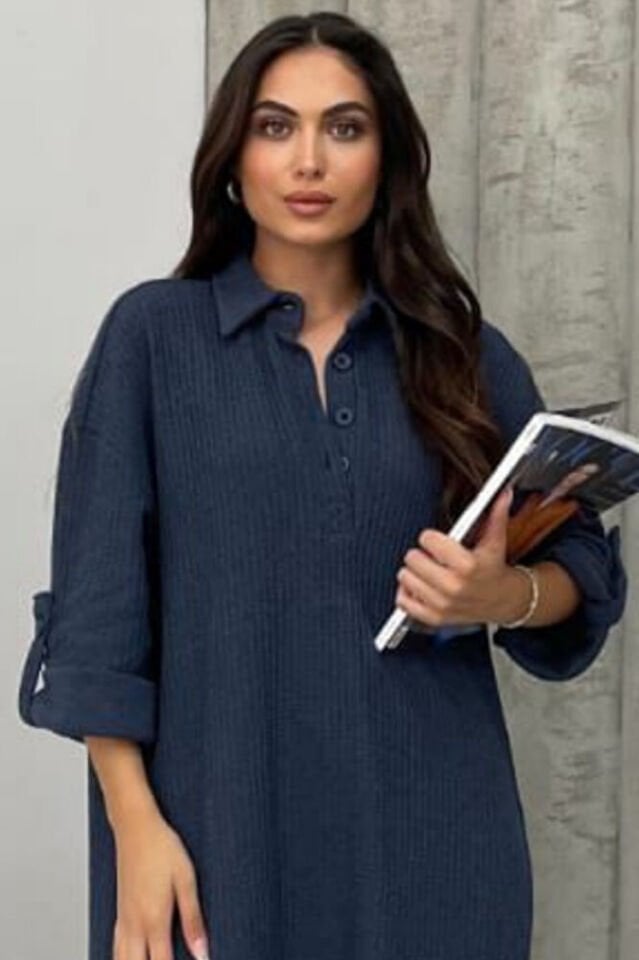 Geniş Kalıp Yırtmaçlı Gömlek Yaka Düğmeli Katlanır Uzun Kollu %100 Pamuk Triko Koton Elbise Lacivert