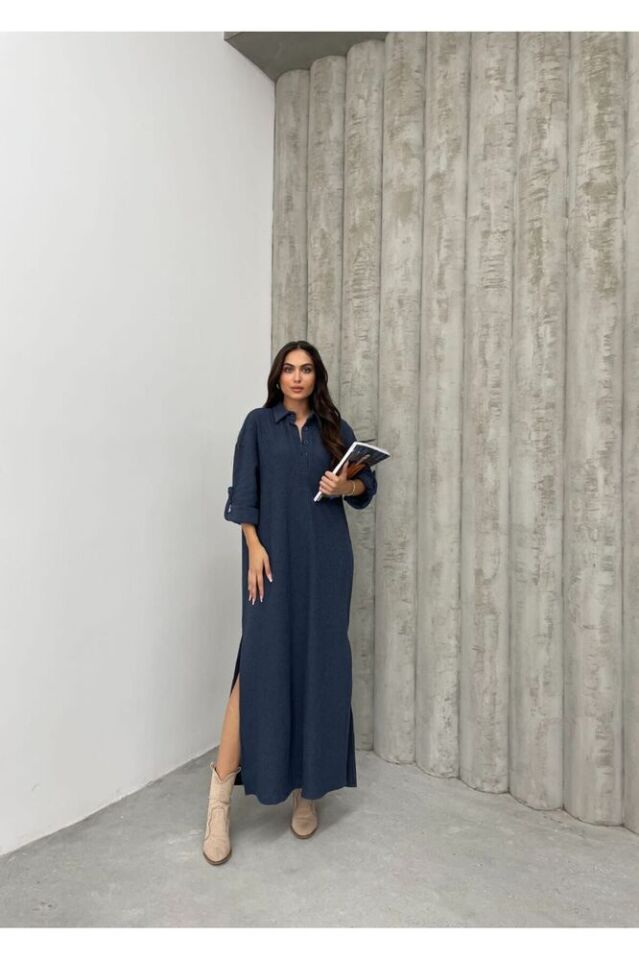 Geniş Kalıp Yırtmaçlı Gömlek Yaka Düğmeli Katlanır Uzun Kollu %100 Pamuk Triko Koton Elbise Lacivert