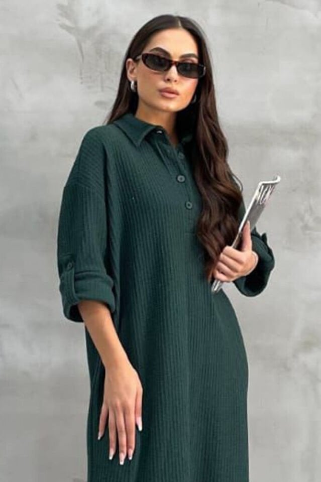 Geniş Kalıp Yırtmaçlı Gömlek Yaka Düğmeli Katlanır Uzun Kollu Pamuk Triko Koton Elbise Yeşil