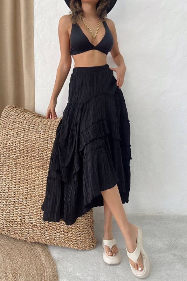 Kadın Siyah Gofre Fırfırlı Asimetrik Uzun Etek – Astarlı, İç Göstermez, Yazlık, Volanlı, 3001