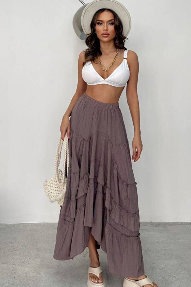 Kadın Vizon Gofre Fırfırlı Asimetrik Uzun Etek – Astarlı, İç Göstermez, Yazlık, Volanlı
