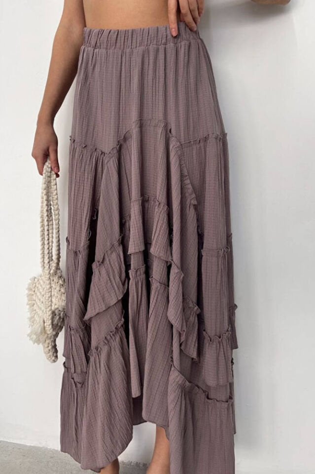 Kadın Vizon Gofre Fırfırlı Asimetrik Uzun Etek – Astarlı, İç Göstermez, Yazlık, Volanlı