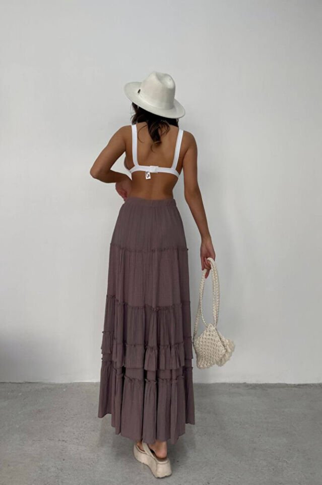Kadın Vizon Gofre Fırfırlı Asimetrik Uzun Etek – Astarlı, İç Göstermez, Yazlık, Volanlı