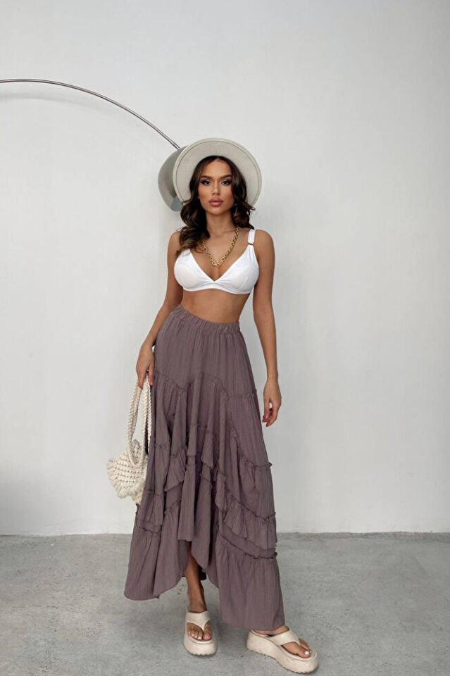 Kadın Vizon Gofre Fırfırlı Asimetrik Uzun Etek – Astarlı, İç Göstermez, Yazlık, Volanlı