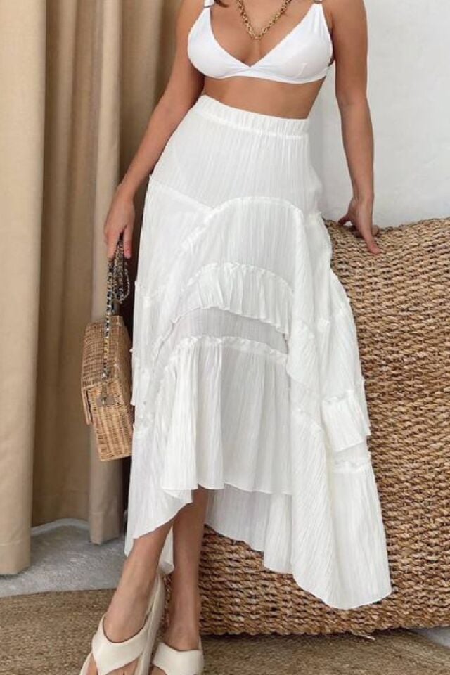 Gofre Fırfırlı Asimetrik Uzun Etek – Astarlı, İç Göstermez, Yazlık, Volanlı, Kadın Ekru Beyaz