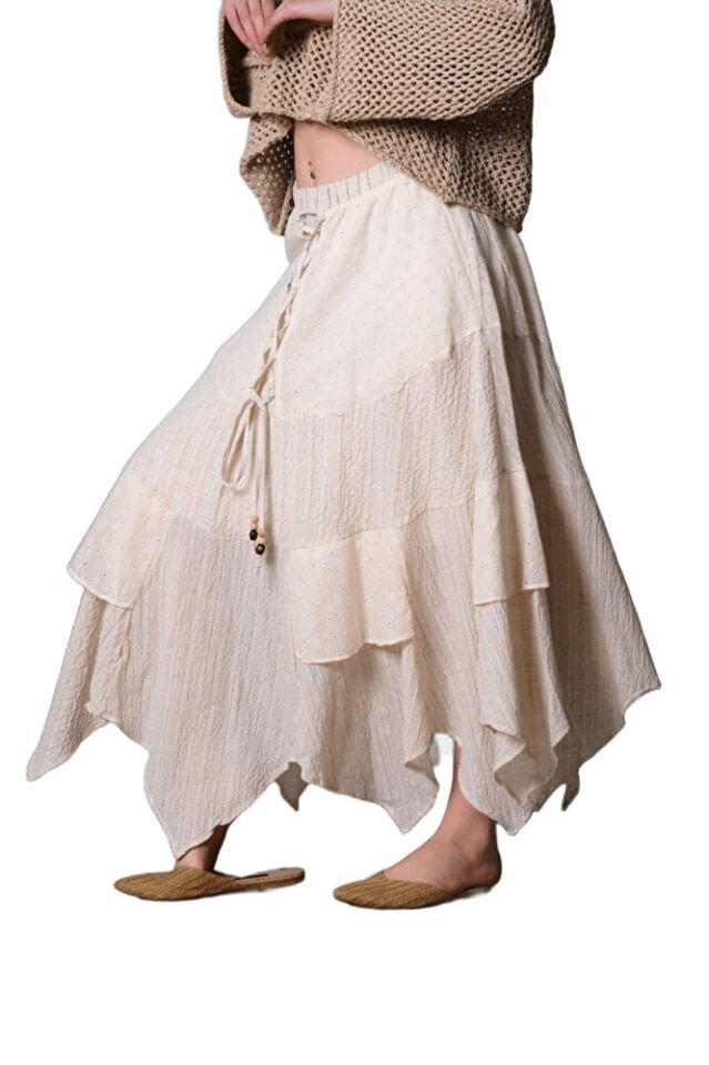 Kadın Krem Asimetrik Kesim Brode Boncuk Detaylı Pamuklu Etek – Bohem Yazlık Model