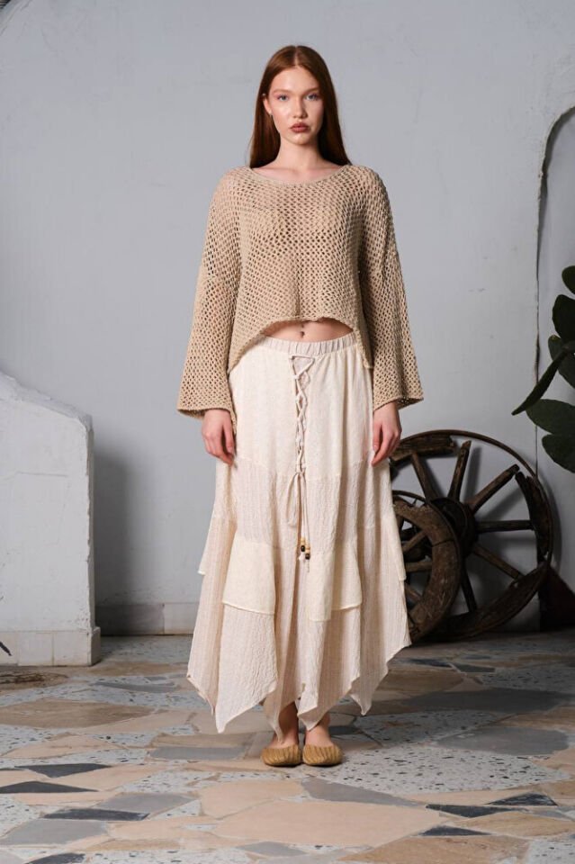 Kadın Krem Asimetrik Kesim Brode Boncuk Detaylı Pamuklu Etek – Bohem Yazlık Model