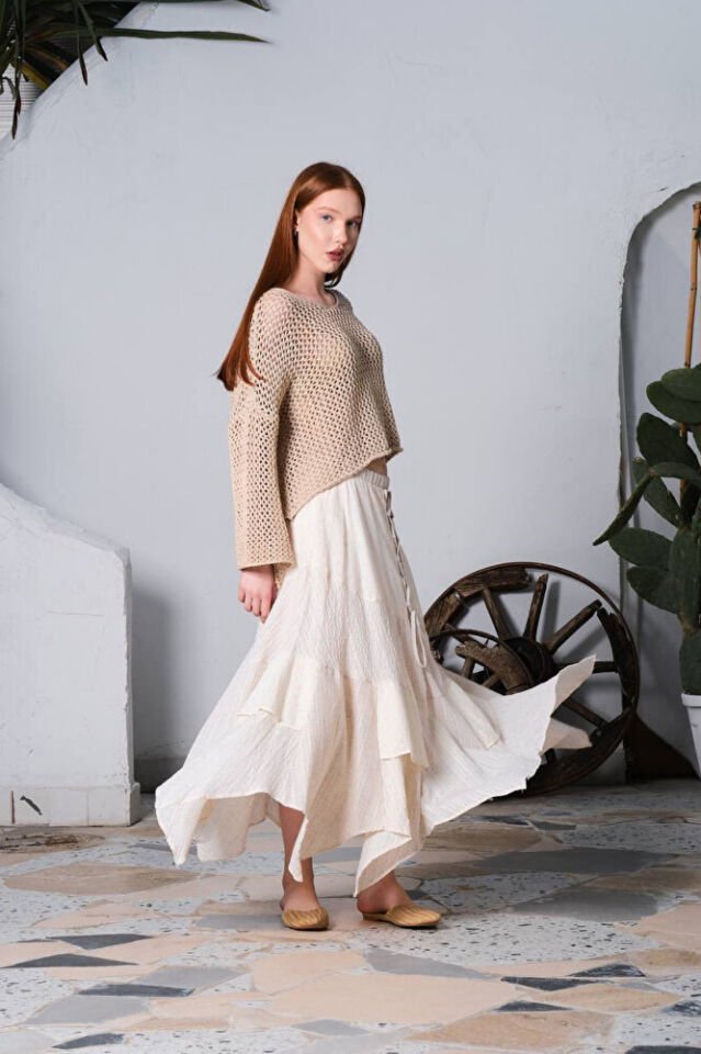 Kadın Krem Asimetrik Kesim Brode Boncuk Detaylı Pamuklu Etek – Bohem Yazlık Model