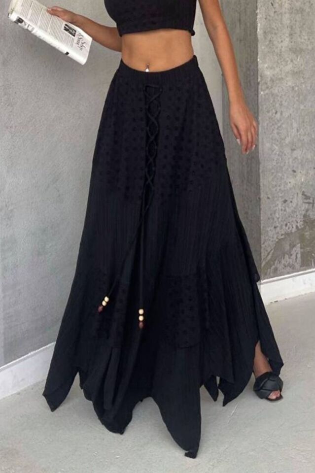 Kadın Siyah Asimetrik Kesim Brode Boncuk Detaylı Pamuklu Etek – Bohem Yazlık Model