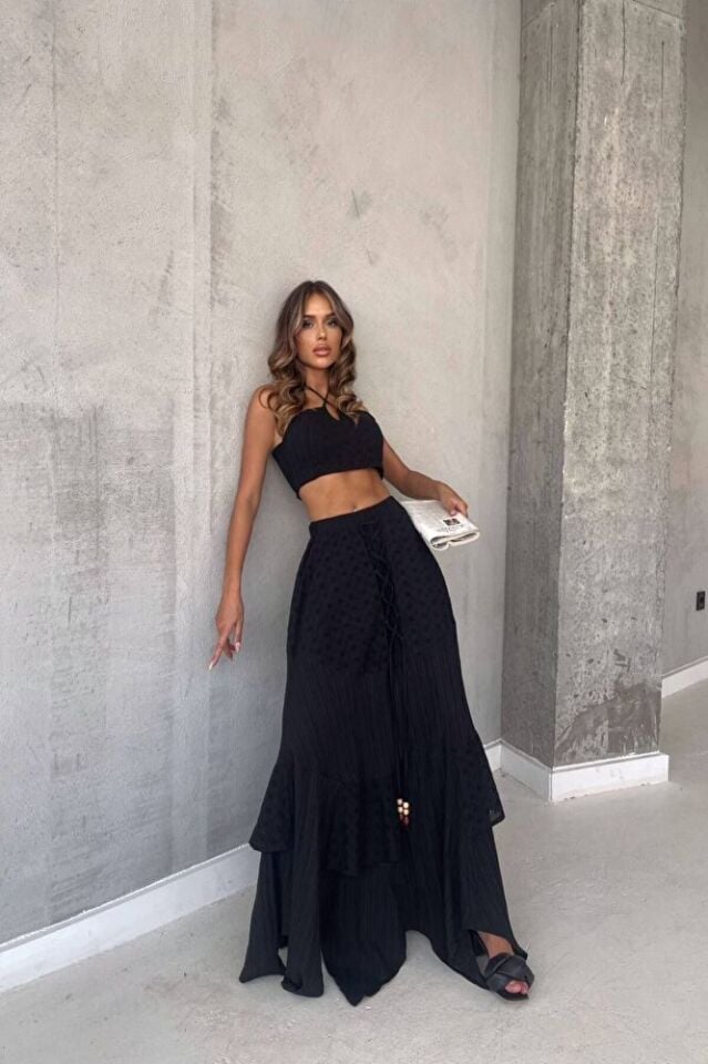 Kadın Siyah Asimetrik Kesim Brode Boncuk Detaylı Pamuklu Etek – Bohem Yazlık Model