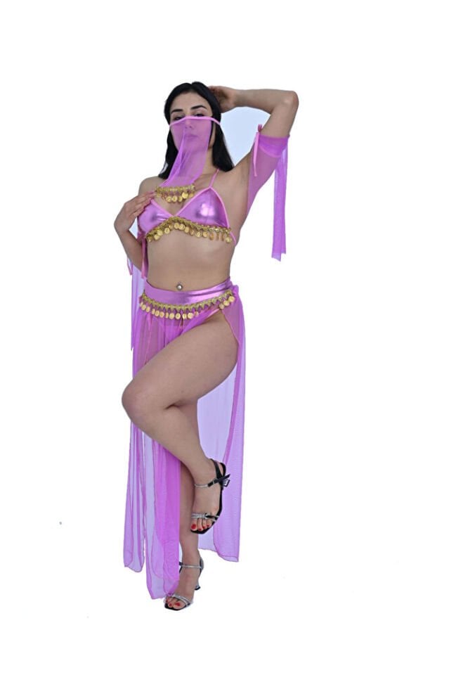 Peçeli Liralı Fantazi Gold Detaylı Tül Fantezi Kostüm Kadın Dansöz Kıyafeti 2504 Lila 5 Parça