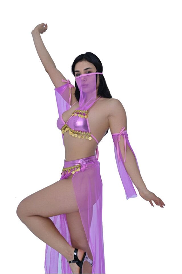 Peçeli Liralı Fantazi Gold Detaylı Tül Fantezi Kostüm Kadın Dansöz Kıyafeti 2504 Lila 5 Parça