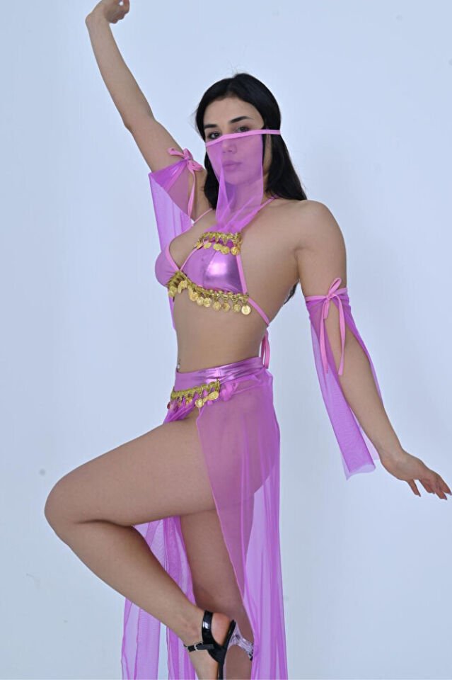 Peçeli Liralı Fantazi Gold Detaylı Tül Fantezi Kostüm Kadın Dansöz Kıyafeti 2504 Lila 5 Parça