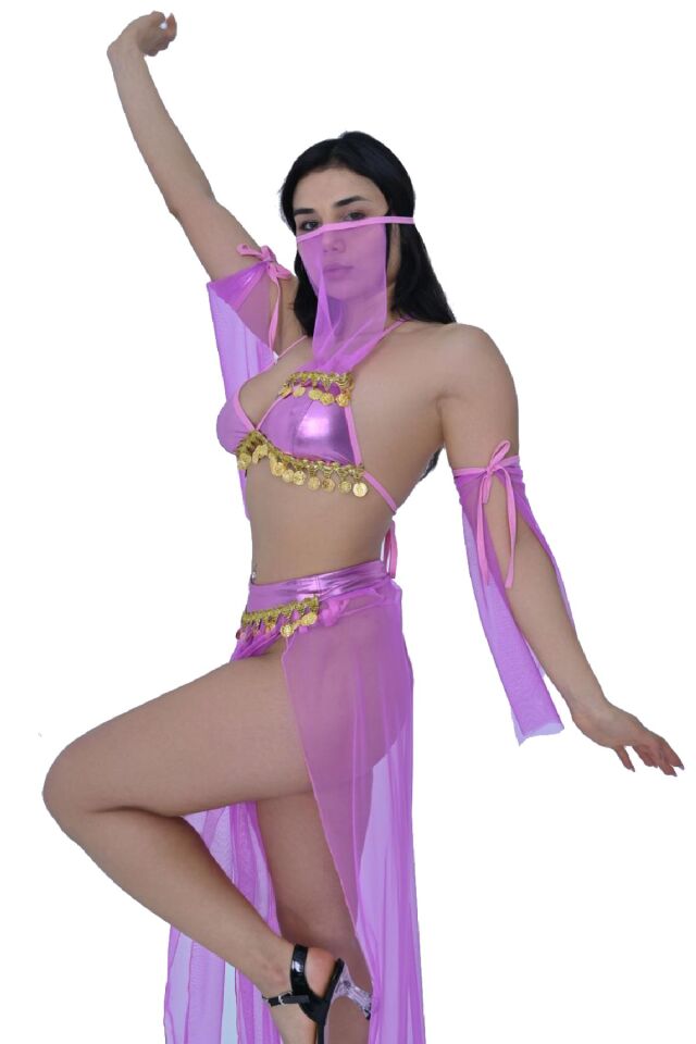 Peçeli Liralı Fantazi Gold Detaylı Tül Fantezi Kostüm Kadın Dansöz Kıyafeti 2504 Lila 5 Parça