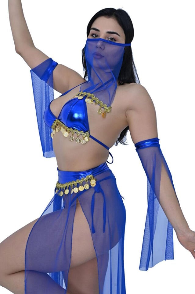 Peçeli Liralı Fantazi Gold Detaylı Tül Fantezi Kostüm Kadın Dansöz Kıyafeti 2504 Saks 5 Parça