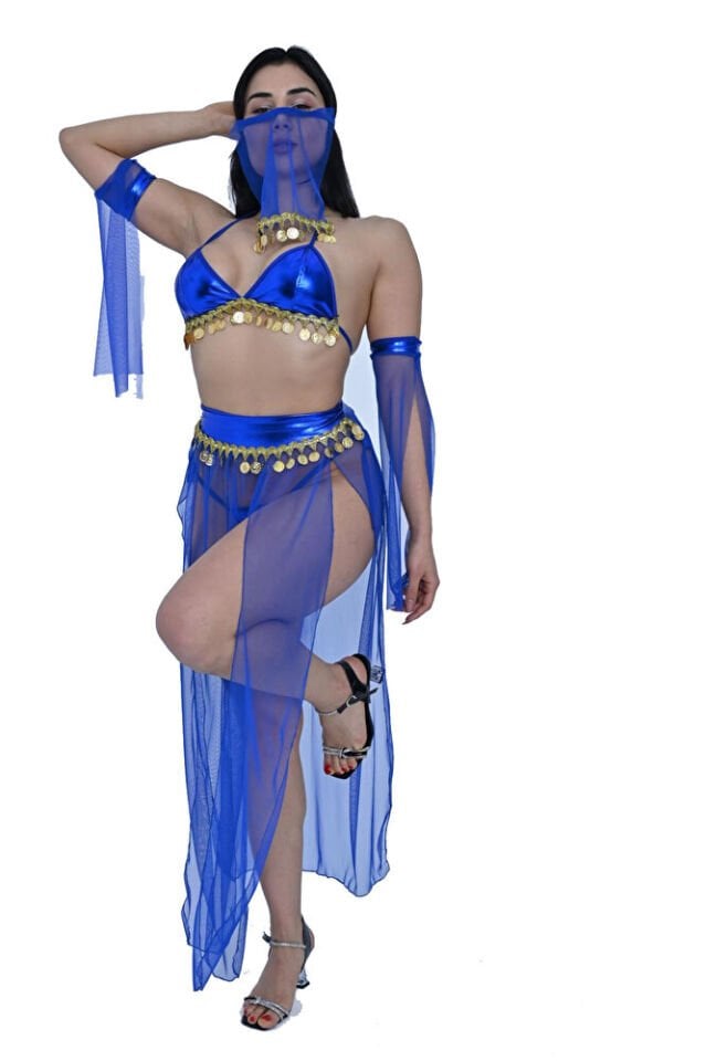 Peçeli Liralı Fantazi Gold Detaylı Tül Fantezi Kostüm Kadın Dansöz Kıyafeti 2504 Saks 5 Parça