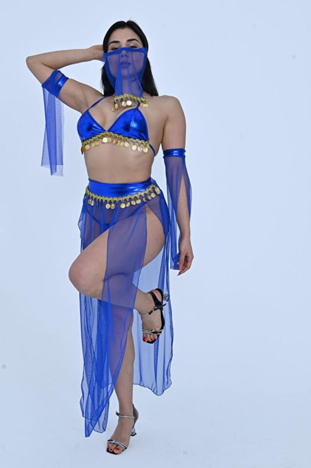 Peçeli Liralı Fantazi Gold Detaylı Tül Fantezi Kostüm Kadın Dansöz Kıyafeti 2504 Saks 5 Parça