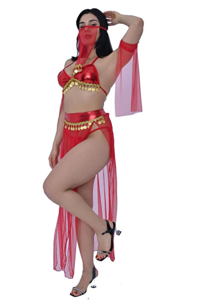 Peçeli Liralı Fantazi Gold Detaylı Tül Fantezi Kostüm Kadın Dansöz Kıyafeti 2504 Kırmızı 5 Parça