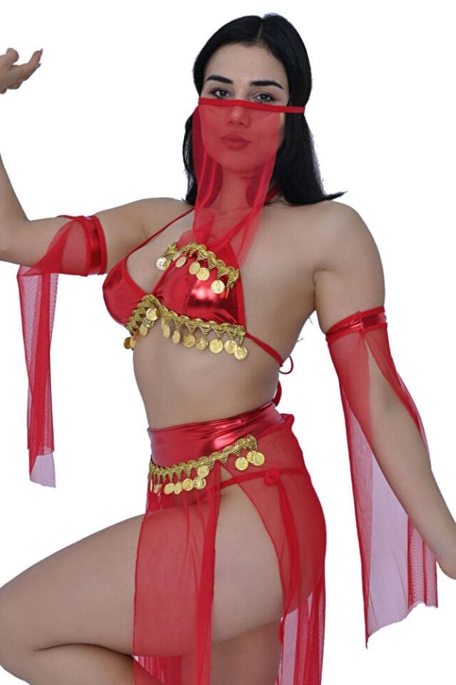 Peçeli Liralı Fantazi Gold Detaylı Tül Fantezi Kostüm Kadın Dansöz Kıyafeti 2504 Kırmızı 5 Parça