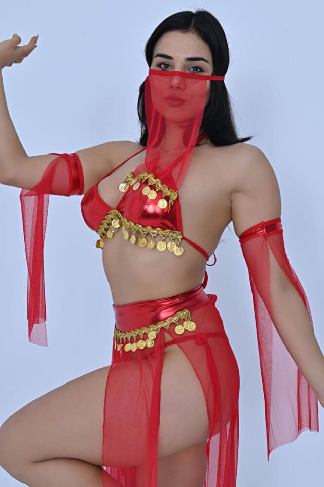 Peçeli Liralı Fantazi Gold Detaylı Tül Fantezi Kostüm Kadın Dansöz Kıyafeti 2504 Kırmızı 5 Parça
