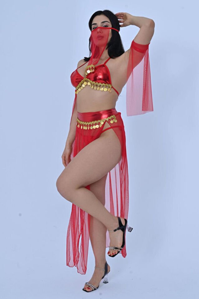 Peçeli Liralı Fantazi Gold Detaylı Tül Fantezi Kostüm Kadın Dansöz Kıyafeti 2504 Kırmızı 5 Parça