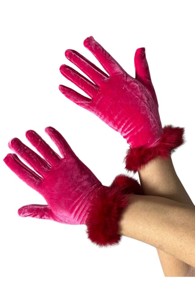 Kadın Pembe Kadife Tüylü Eldiven | Şık, Kışlık, Günlük & Davet Kullanım