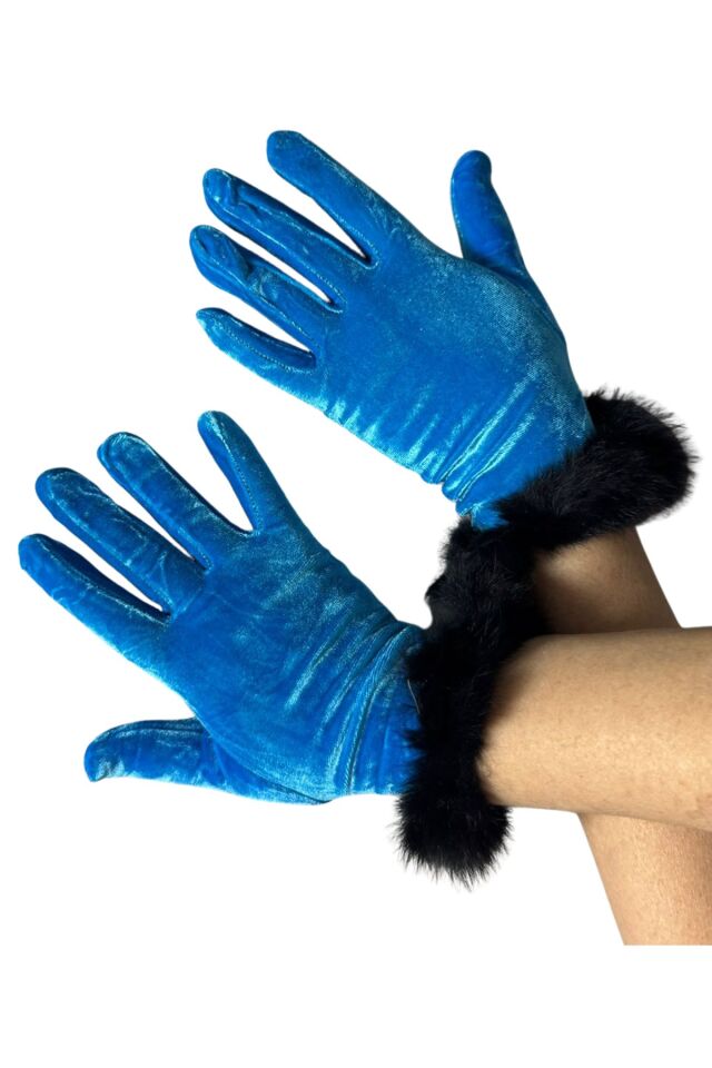 Kadın Mavi Kadife Tüylü Eldiven | Şık, Kışlık, Günlük & Davet Kullanım