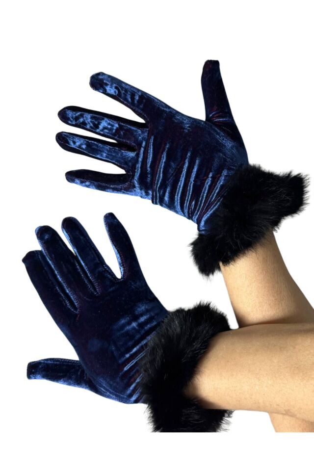 Kadın Saks Kadife Tüylü Eldiven | Gece Mavisi, Şık, Kışlık Davet Aksesuarı
